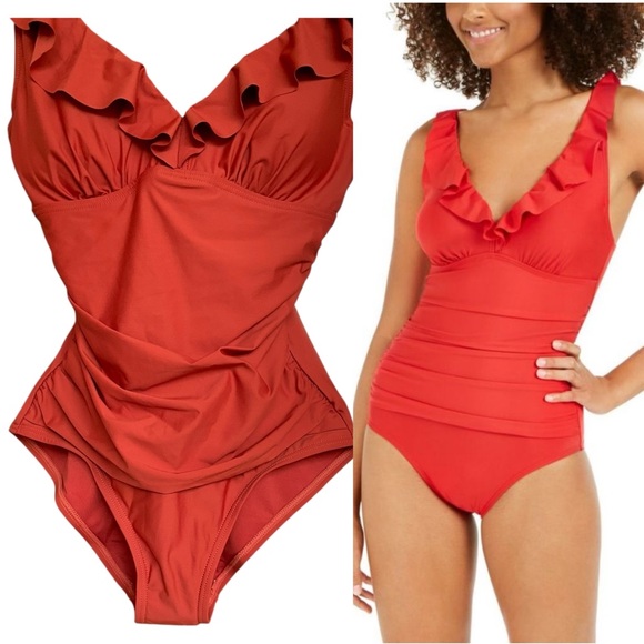 DKNY NWT Ruffle Plunge Underwire Tummy Control One-Piece Swimsuit Size S/P - Picture 1 of 16